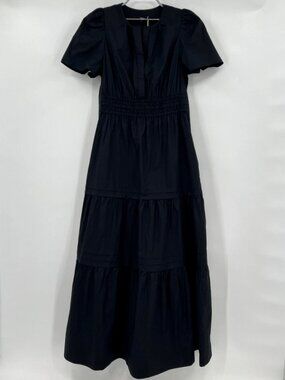 Quince Black Organic Cotton Tiered Maxi Dress sz XS Womens Pockets Poplin Fabric